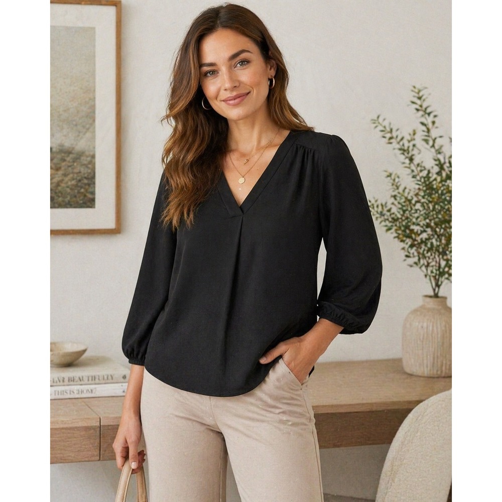 Jon & Anna Black V-Neck Pleated Blouse 3/4 Balloon Sleeve Top XL